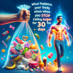 Diagram showing improved energy, clearer skin, weight loss, and better mood after stopping sugar for 30 days.