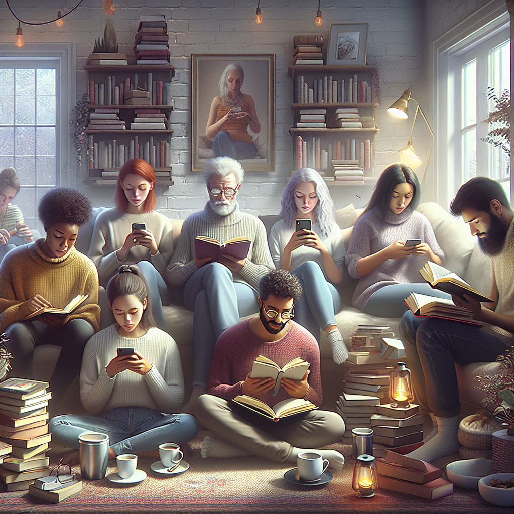 Diverse Gen Z individuals reading books and using smartphones in a cozy, book-filled living room.
