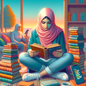 Young Muslim women reading books surrounded by stacks of books in a cozy room at sunset.